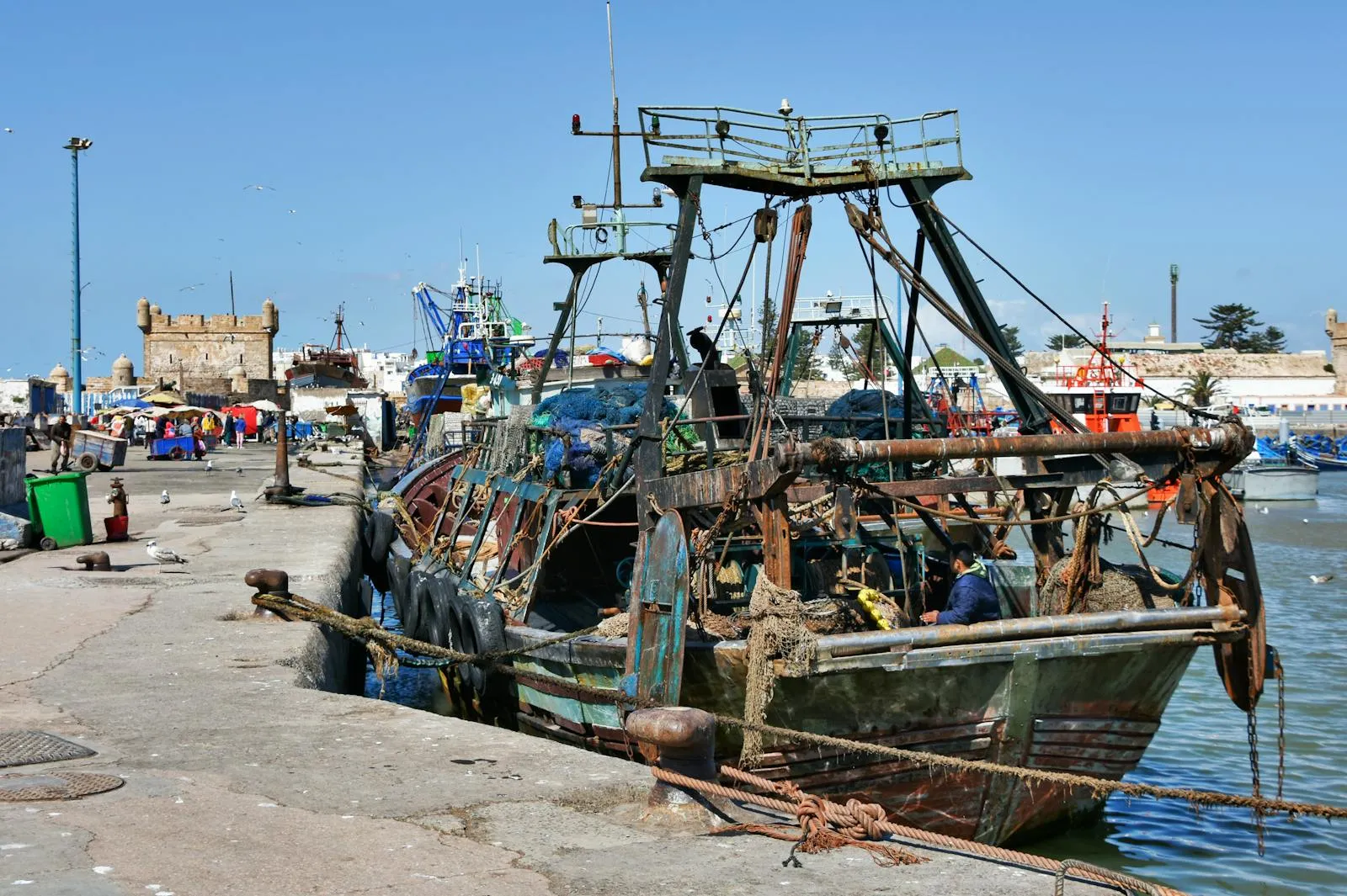 Port de pêche d'Essaouira avec ses barques bleues traditionnelles et les remparts de la médina